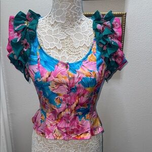 Là Fuori 100% Silk Colorful Floral Ruffle Sleeve Blouse